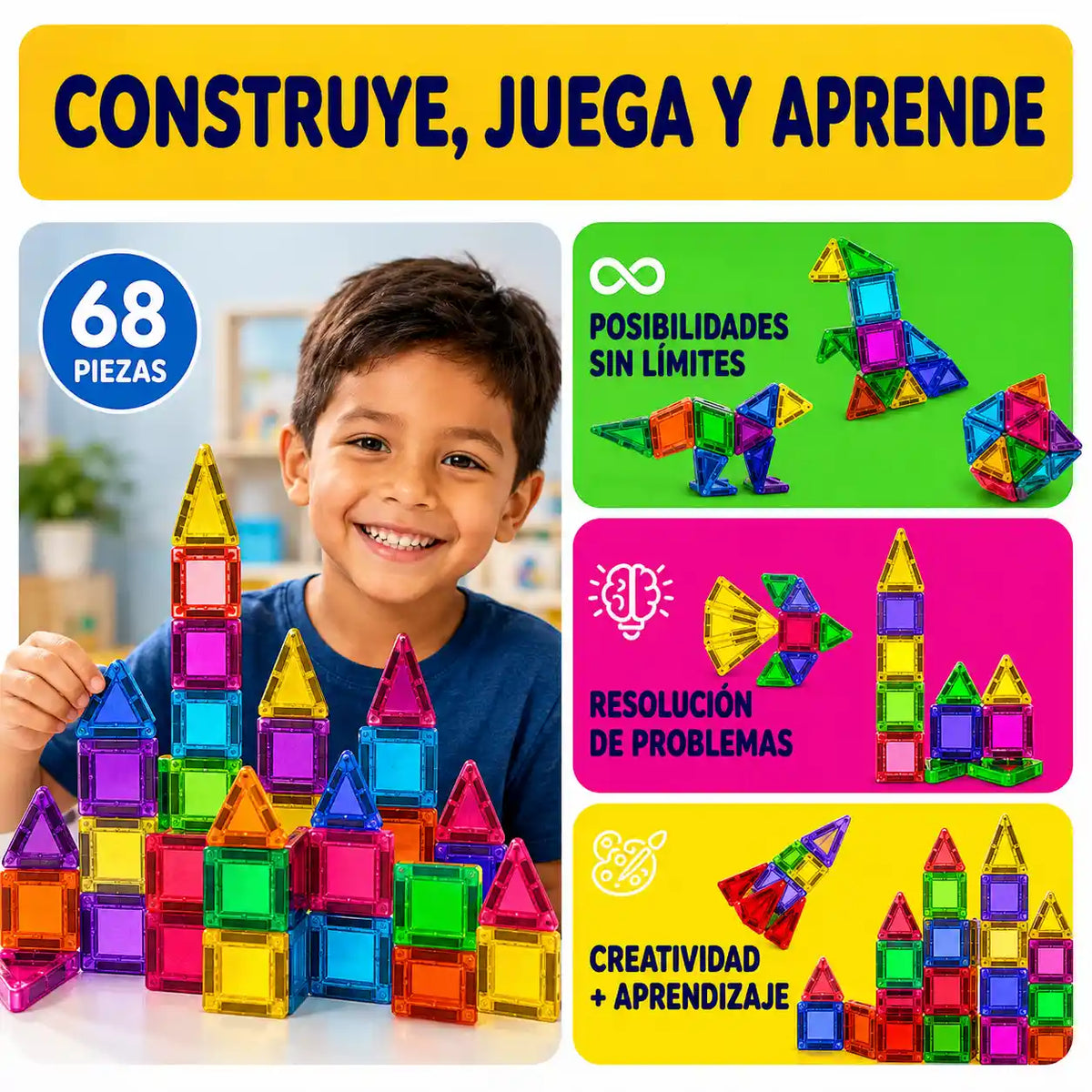 BLOQUES MAGNETICOS MINI - 68 PIEZAS | DIVERSIÓN Y APRENDIZAJE PARA TUS NIÑOS