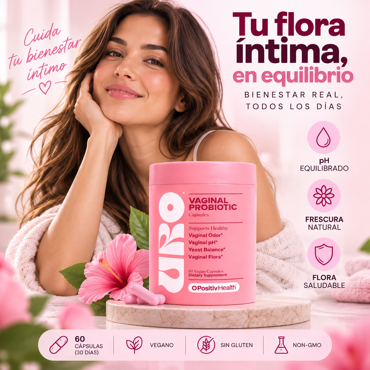 Frasco de URO probiótico vaginal junto a una mujer sonriente