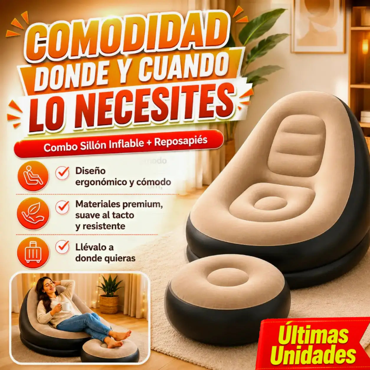 COMBO: Sillón Inflable + Reposapiés | Crea tu zona de descanso en minutos