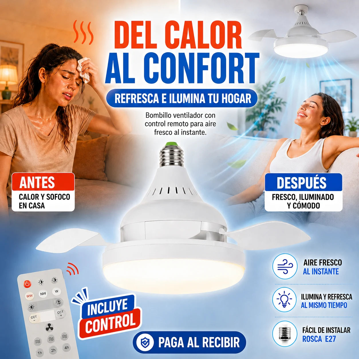 VentiLux® | Ventilador y Lampara 2 en 1 | Con control, Sin cableado, ni instalaciones complejas