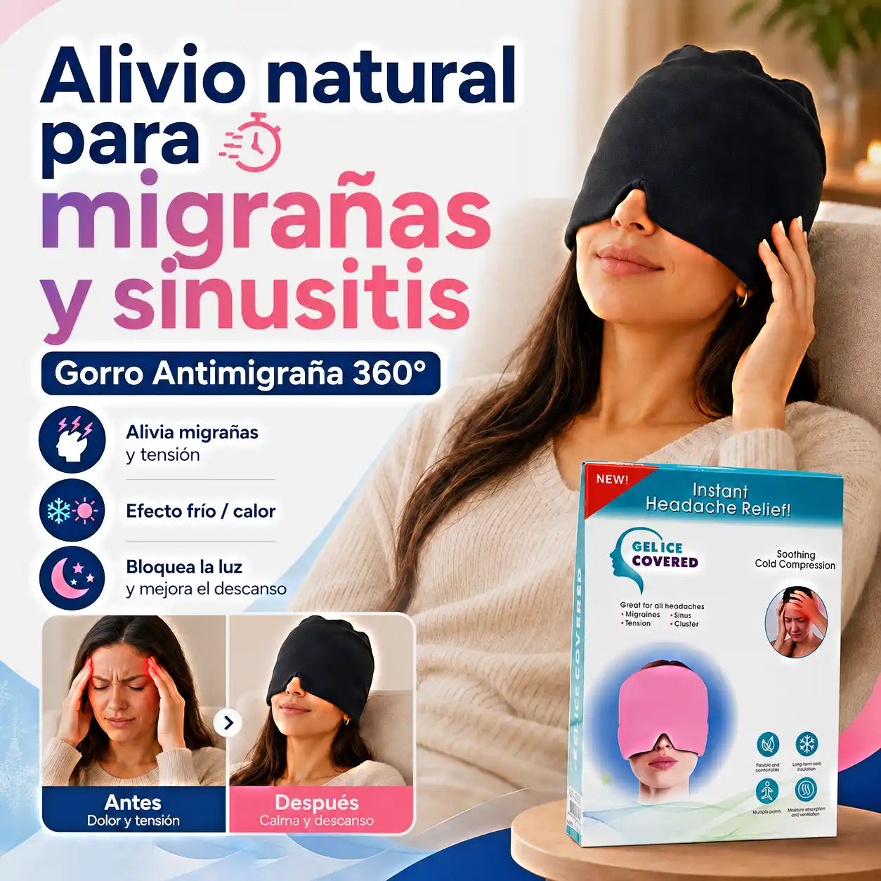 Gorro Antimigrañas 360°: Frío, presión suave y descanso alivio en minutos