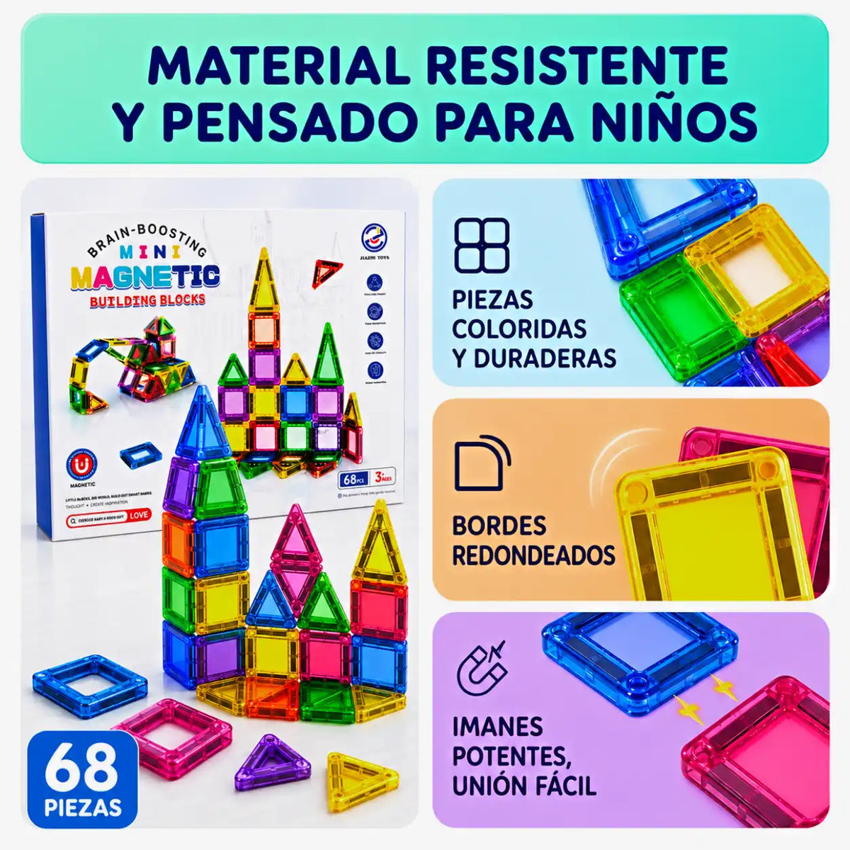 BLOQUES MAGNETICOS MINI - 68 PIEZAS | DIVERSIÓN Y APRENDIZAJE PARA TUS NIÑOS