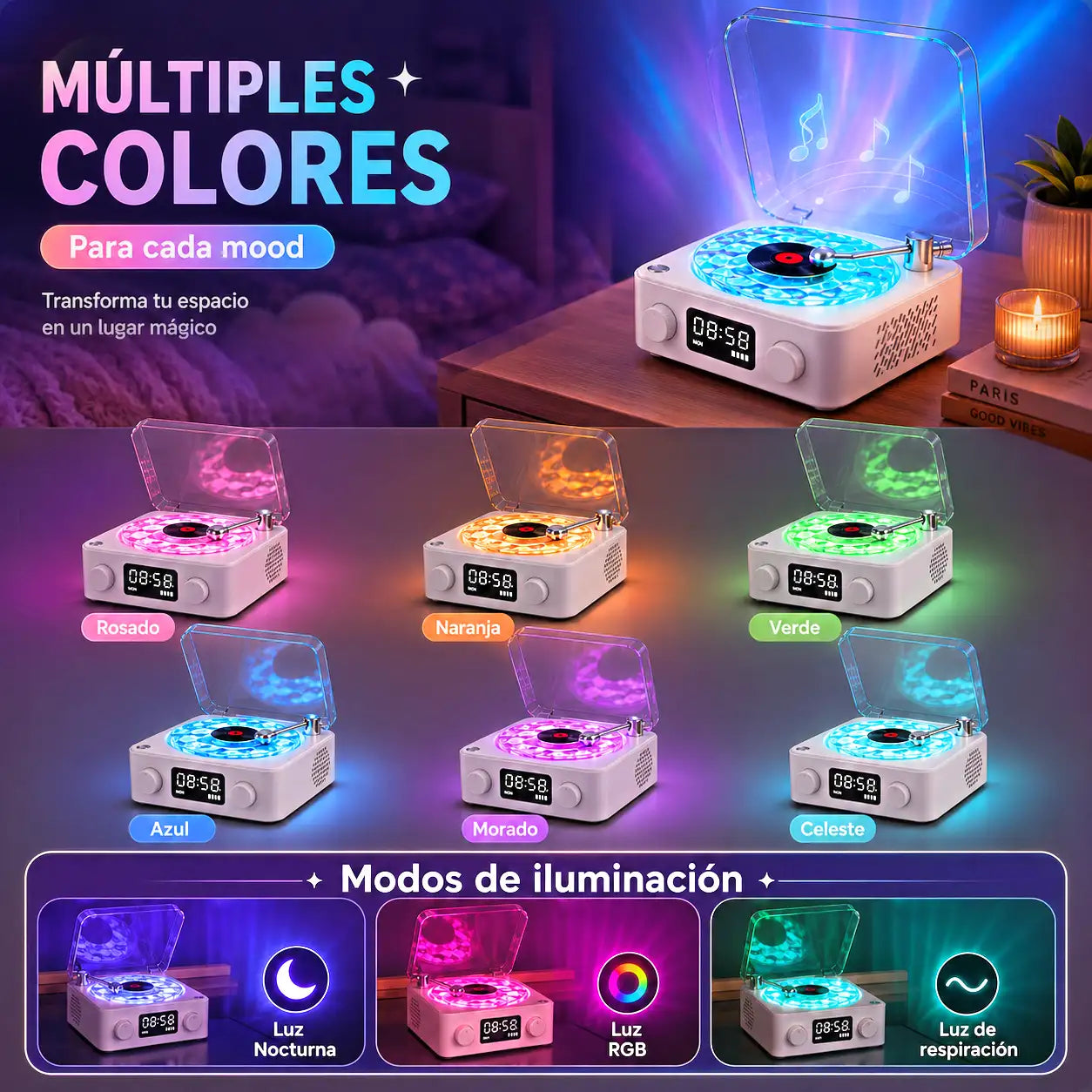 Lámpara + Parlante Tocadiscos: Música, luz, decoración y Magia en segundos ✨