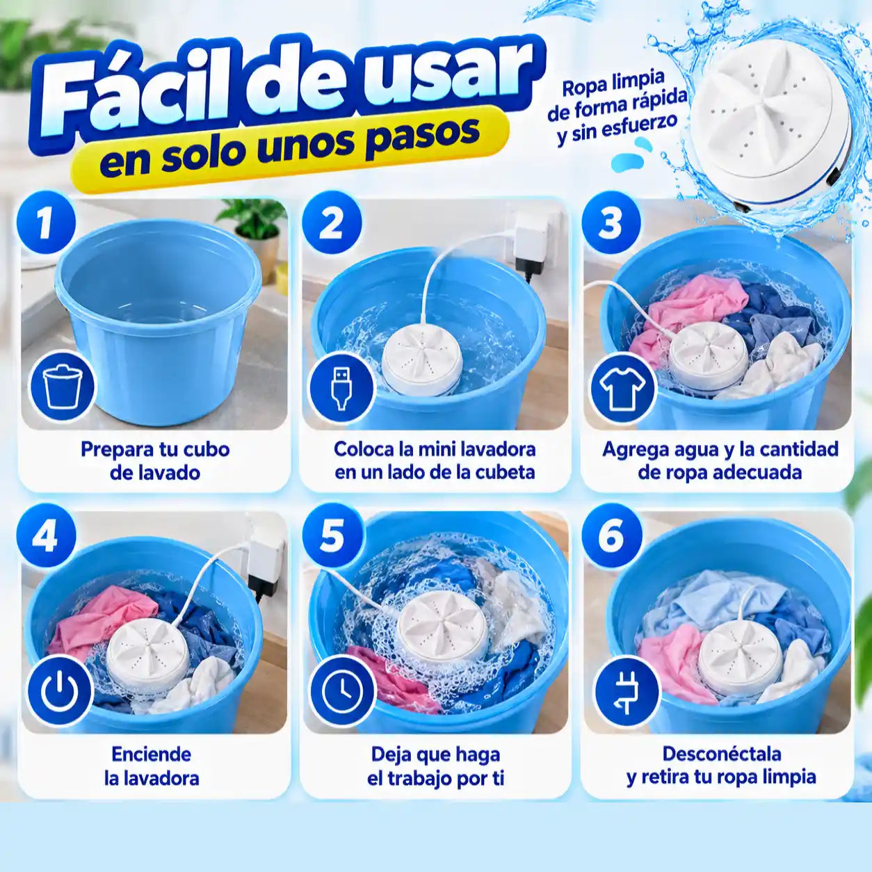 Mini Lavadora Portátil | Lavá ropa, trastes y verduras fácilmente