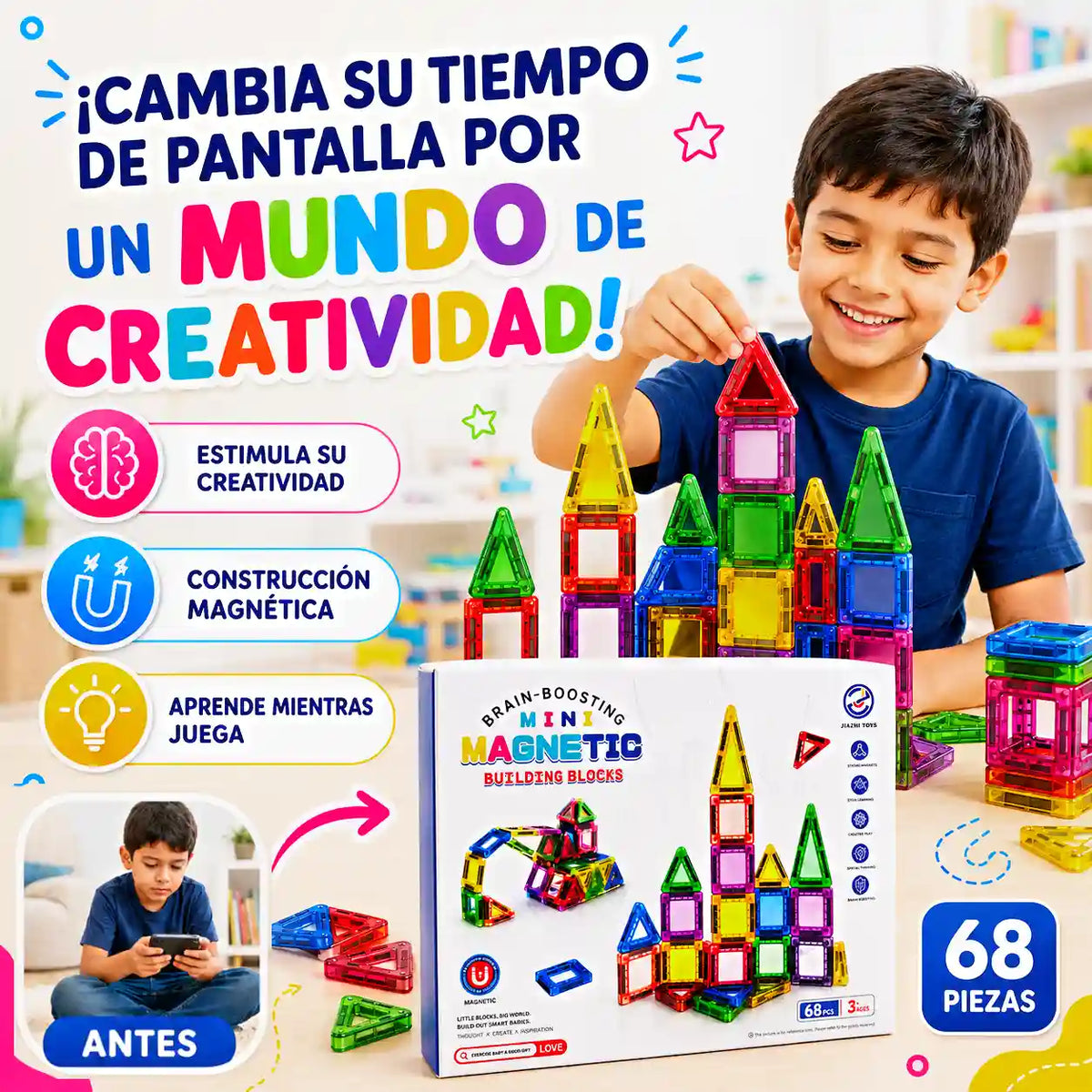 BLOQUES MAGNETICOS MINI - 68 PIEZAS | DIVERSIÓN Y APRENDIZAJE PARA TUS NIÑOS